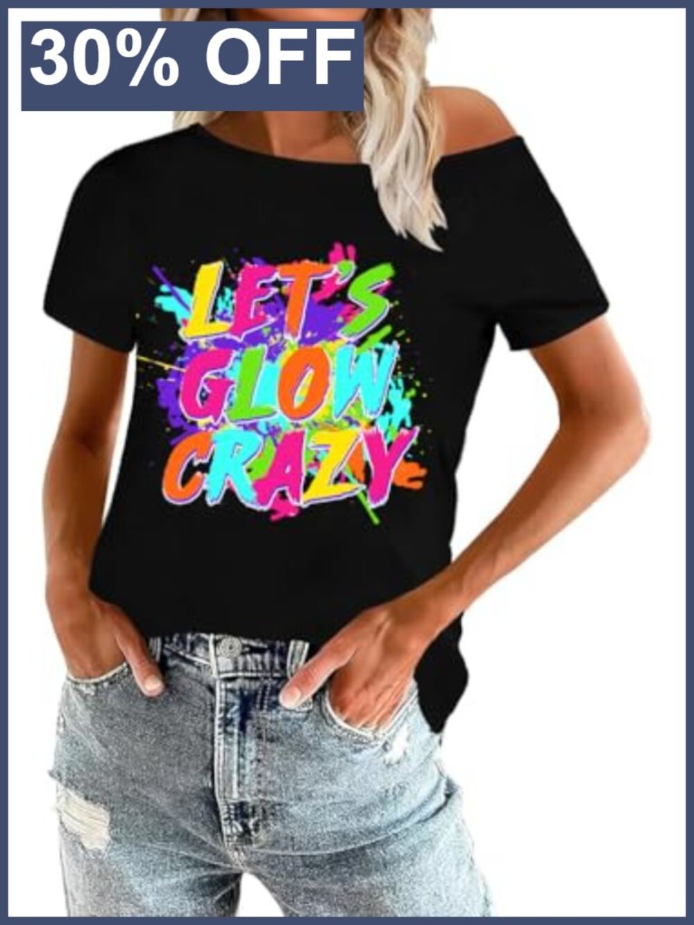 80s Neon Glow Crazy Shirt Women Retro Party Tee Cotton Blend Off Shoulder